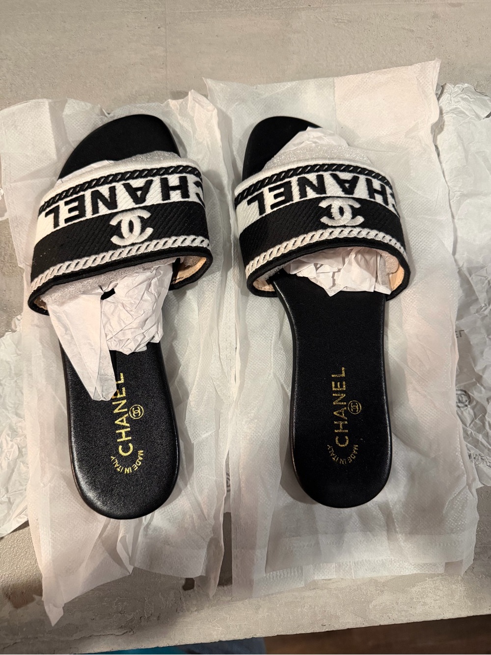 CHANEL Black and White Logo Slide Sandals